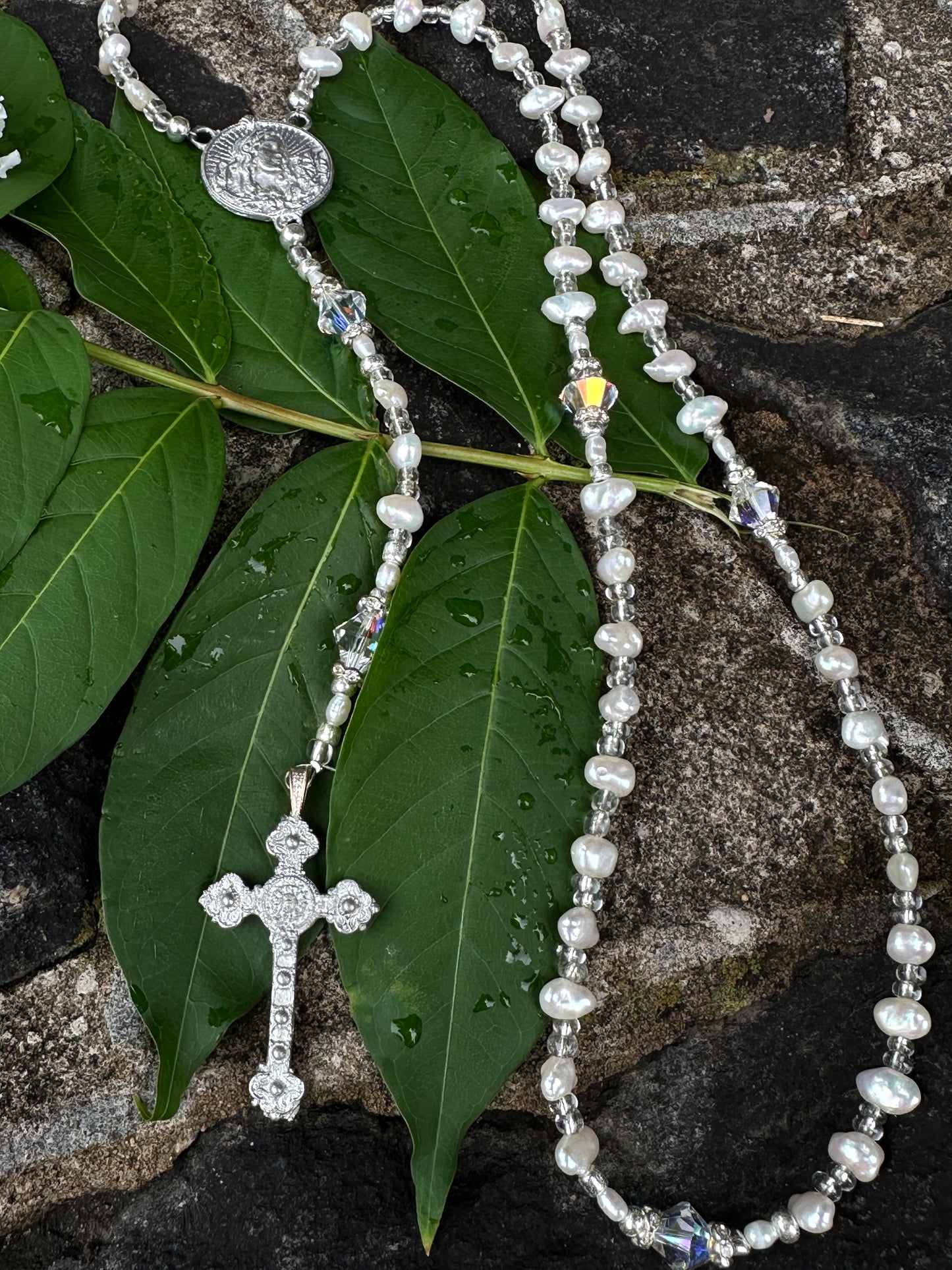 Seed Pearls, Glass, and Kiln Fired Pewter Handmade Rosary