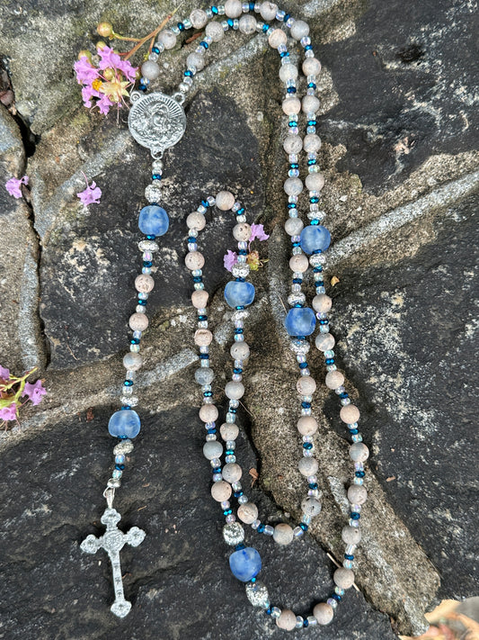Sea Glass, Drusy Agate, Silver Lava, and Kiln Fired Pewter Handmade Rosary