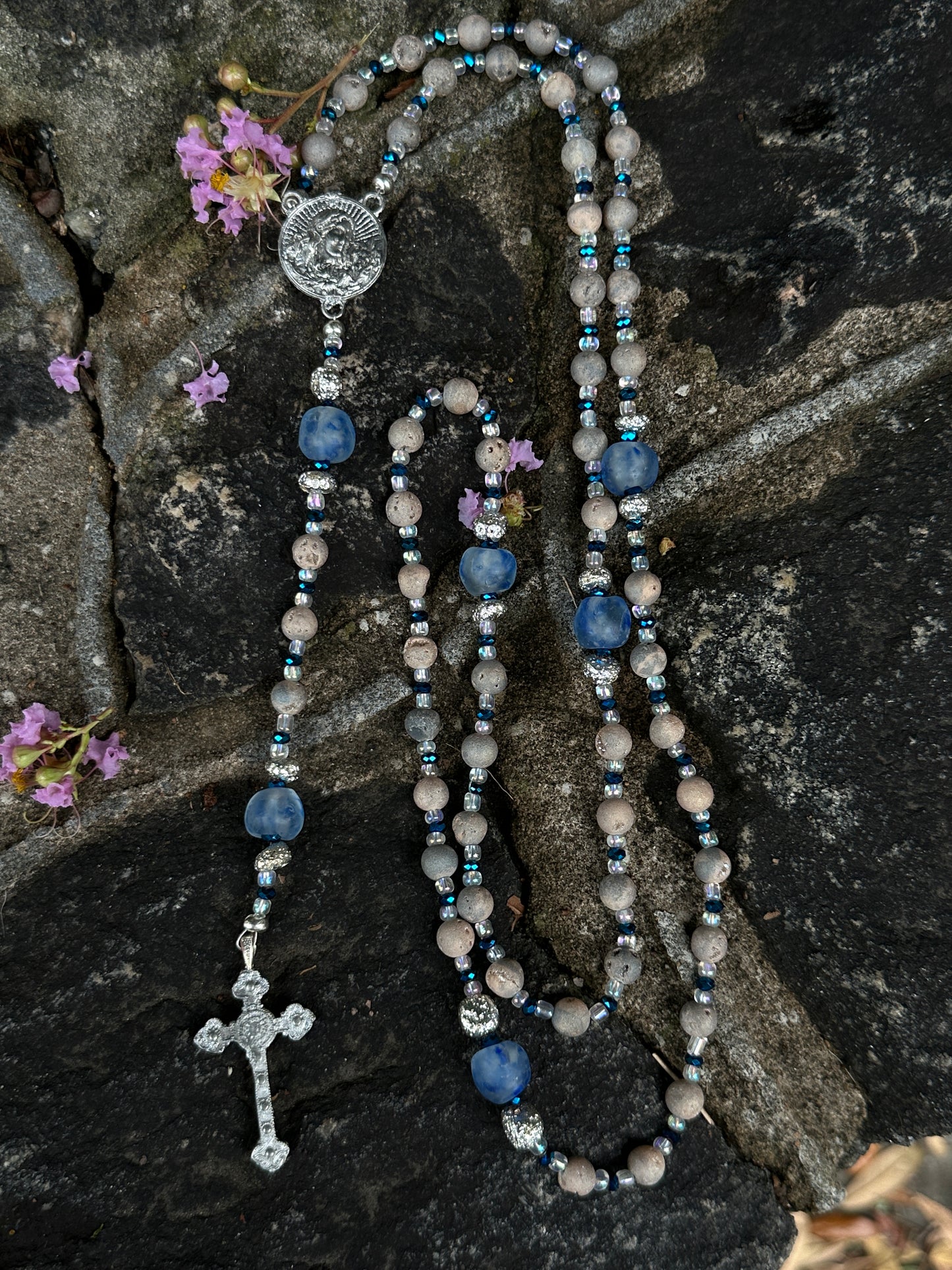 Sea Glass, Drusy Agate, Silver Lava, and Kiln Fired Pewter Handmade Rosary