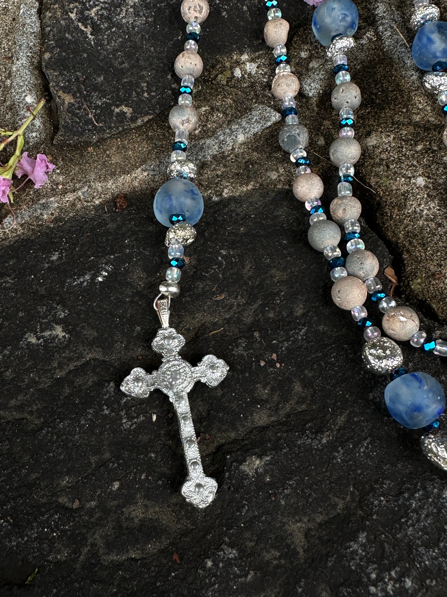 Sea Glass, Drusy Agate, Silver Lava, and Kiln Fired Pewter Handmade Rosary