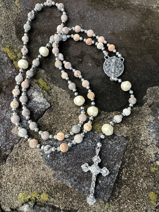 Drusy Agate, Large Pearl and Kiln Fired Pewter Handmade Rosary