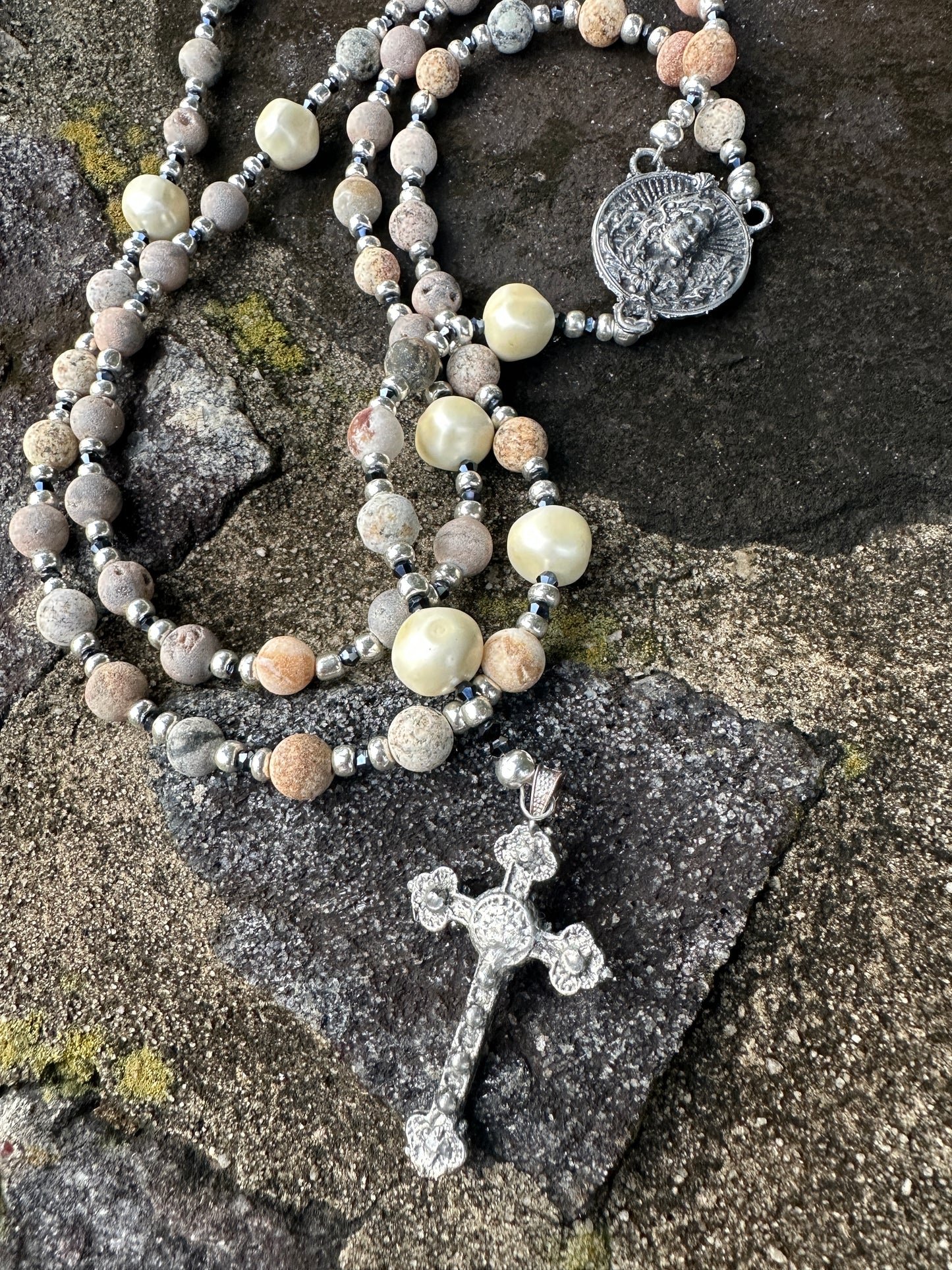 Drusy Agate, Large Pearl and Kiln Fired Pewter Handmade Rosary