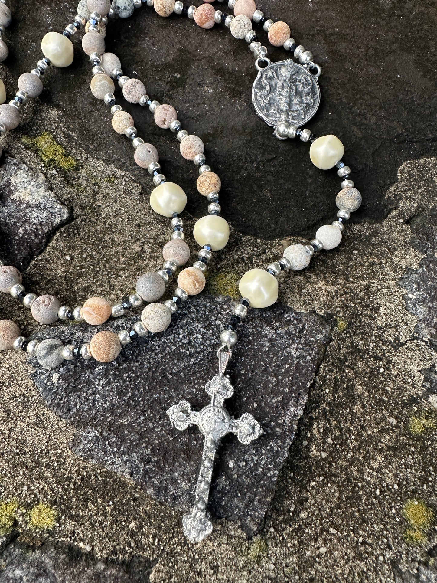 Drusy Agate, Large Pearl and Kiln Fired Pewter Handmade Rosary