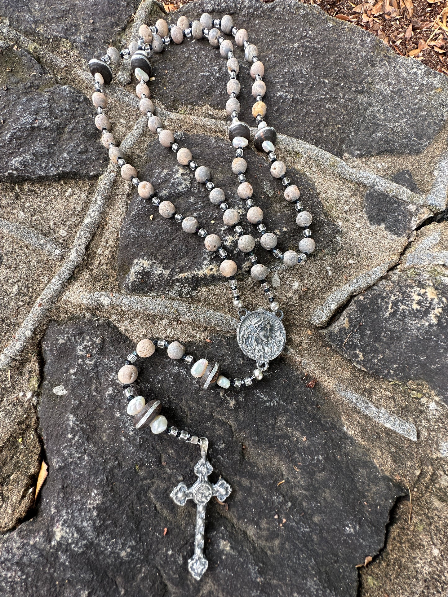 Drusy Agate, Pearl, and African Wood with Kiln Fired Aged Pewter Handmade Rosary