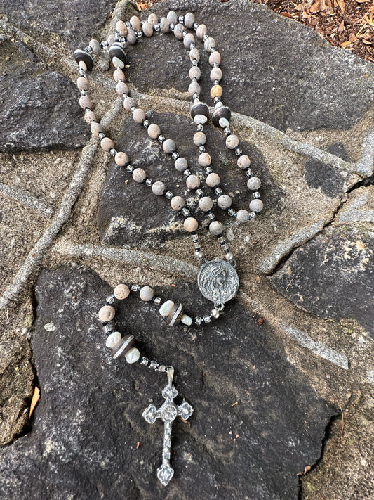 Drusy Agate, Pearl, and African Wood with Kiln Fired Aged Pewter Handmade Rosary
