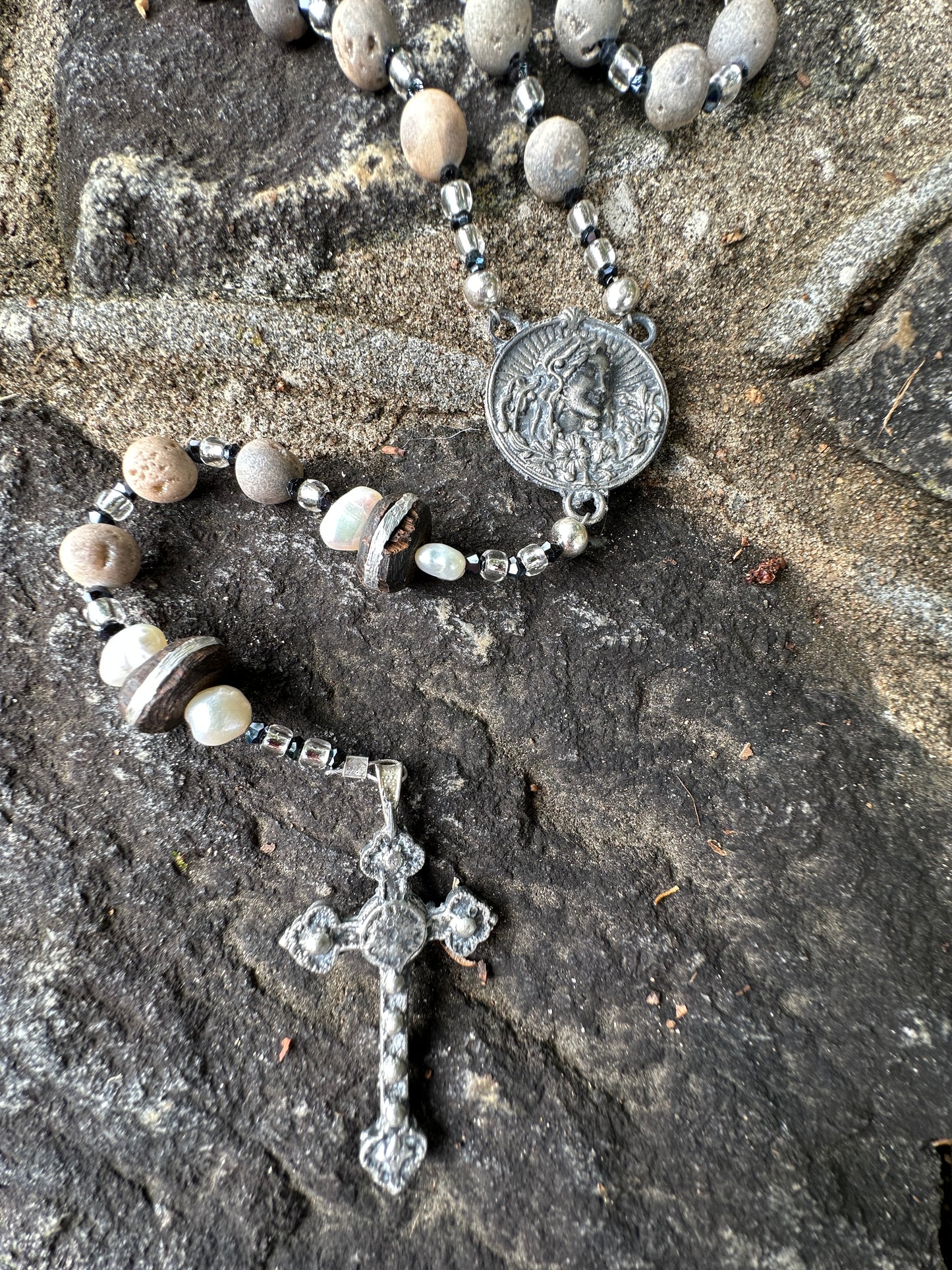 Drusy Agate, Pearl, and African Wood with Kiln Fired Aged Pewter Handmade Rosary