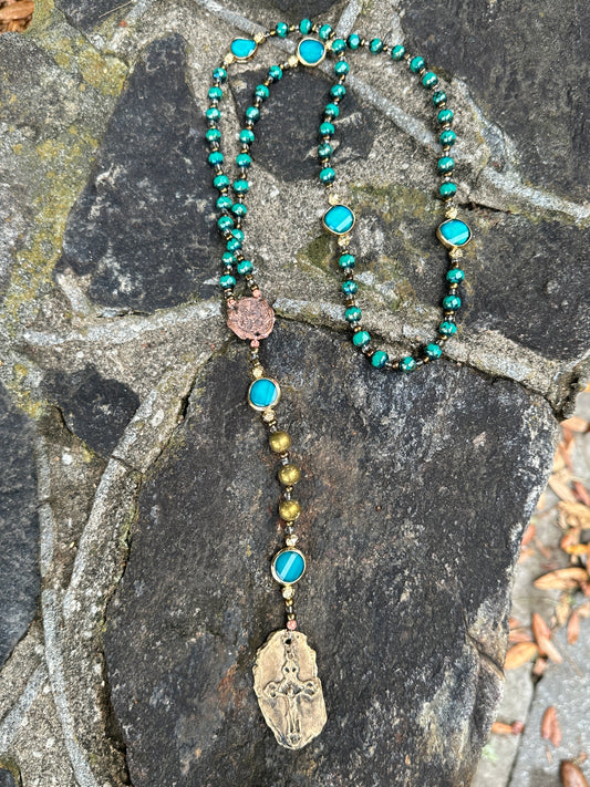 Faceted Blue-Green Glass and Kiln Fired Copper and Brass Handmade Rosary
