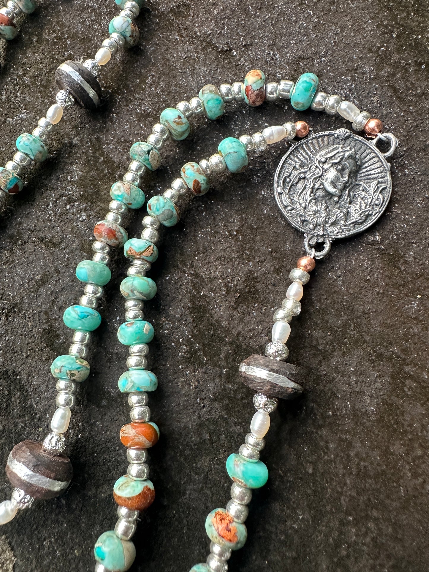 Turquoise, African Wood / Inlaid Pewter, and Kiln Fired Pewter Handmade Rosary