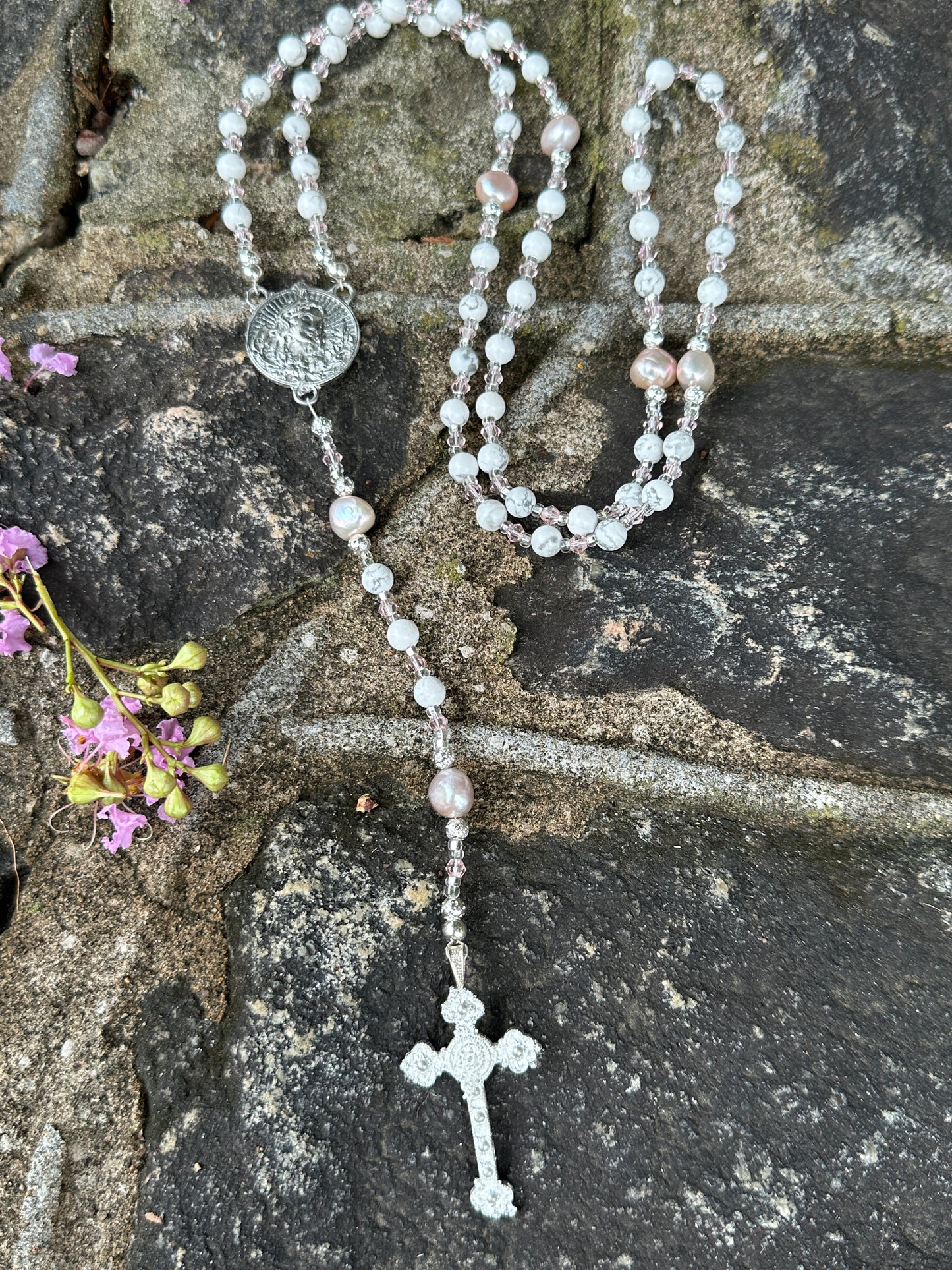 White Howlite, Freshwater Pearl, and Kiln Fired Pewter Handmade Rosary