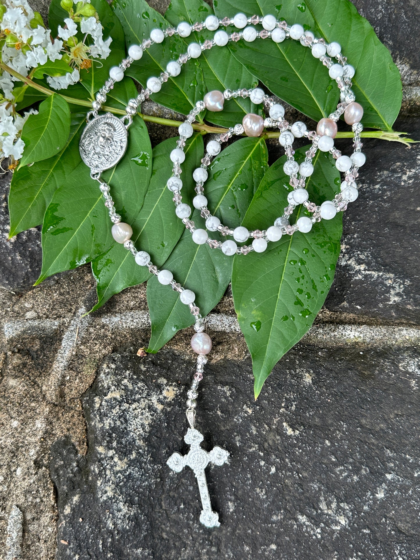 White Howlite, Freshwater Pearl, and Kiln Fired Pewter Handmade Rosary