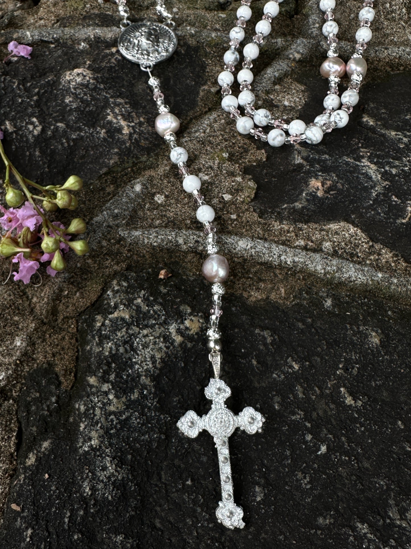 White Howlite, Freshwater Pearl, and Kiln Fired Pewter Handmade Rosary