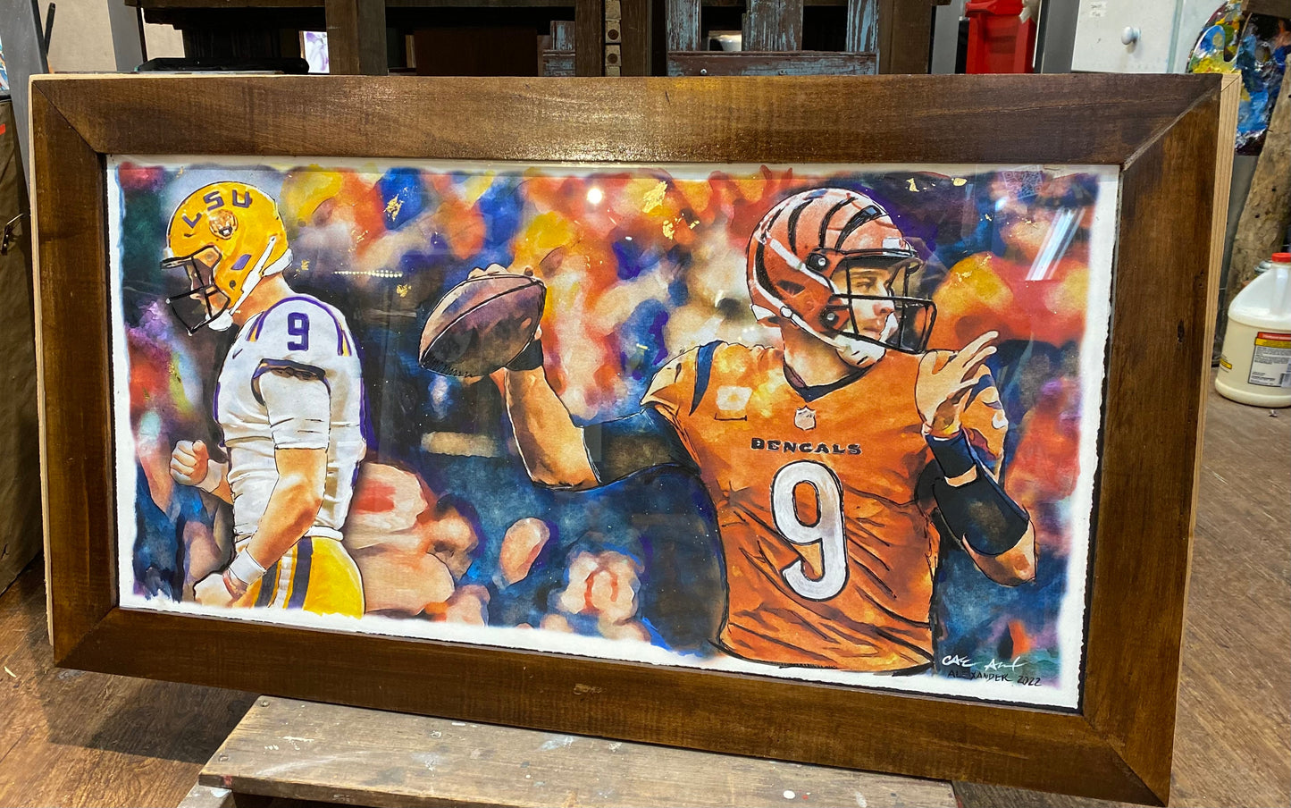 Joe Burrow, Art, Watercolor, Candice Alexander, Alexander Art Studio, Louisiana, SWLA, Baton Rouge, LSU, Quarterback, #9, Heisman Trophy Winner, Bengals, NFL, Football, College, Joe Jackpot, Tiger King, Joe Cool, Cincinnati, American Football Quarterback, 2020 College National Championship, Sports Illustrated, Mr. Football Award, Maxwell Award, Walter Camp Award, Johnny Unitas Golden Arm Award, Davey O'Brien Award, Lombardi Award, Manning Award, Peach Bowl, CFP National Champion, LED the NCAA, NCAA