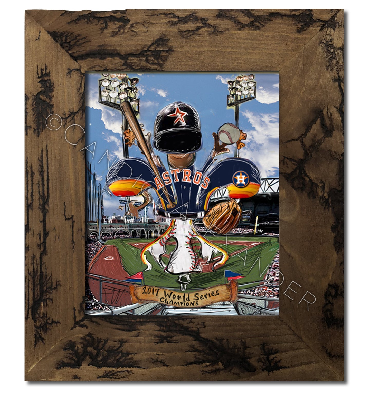 Astros World Series Art designed by Candice Alexander, Fleur De Lis Artist framed in an electrocuted brown frame