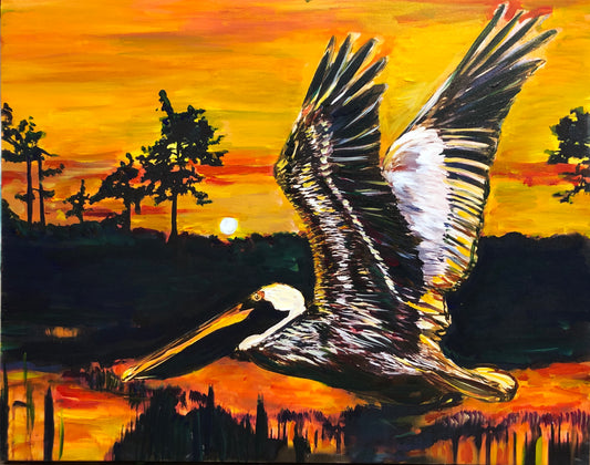 Pelican art Louisiana on bayou by Candice Alexander fleur de lis artist