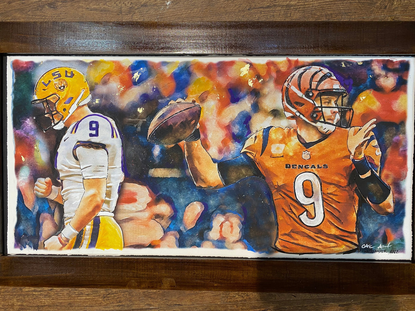 Joe Burrow, Art, Watercolor, Candice Alexander, Alexander Art Studio, Louisiana, SWLA, Baton Rouge, LSU, Quarterback, #9, Heisman Trophy Winner, Bengals, NFL, Football, College, Joe Jackpot, Tiger King, Joe Cool, Cincinnati, American Football Quarterback, 2020 College National Championship, Sports Illustrated, Mr. Football Award, Maxwell Award, Walter Camp Award, Johnny Unitas Golden Arm Award, Davey O'Brien Award, Lombardi Award, Manning Award, Peach Bowl, CFP National Champion, LED the NCAA, NCAA