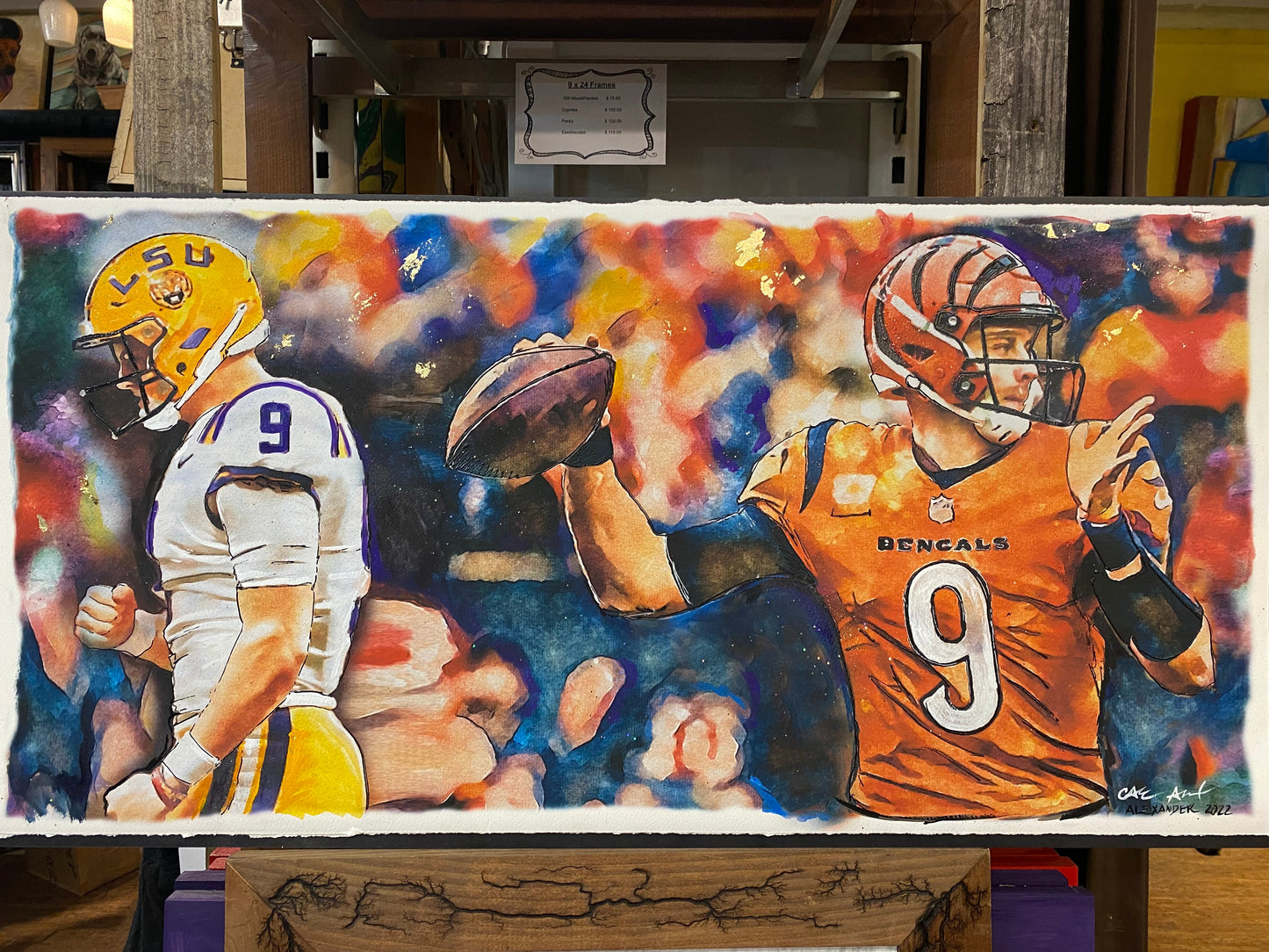 Joe Burrow, Art, Watercolor, Candice Alexander, Alexander Art Studio, Louisiana, SWLA, Baton Rouge, LSU, Quarterback, #9, Heisman Trophy Winner, Bengals, NFL, Football, College, Joe Jackpot, Tiger King, Joe Cool, Cincinnati, American Football Quarterback, 2020 College National Championship, Sports Illustrated, Mr. Football Award, Maxwell Award, Walter Camp Award, Johnny Unitas Golden Arm Award, Davey O'Brien Award, Lombardi Award, Manning Award, Peach Bowl, CFP National Champion, LED the NCAA, NCAA