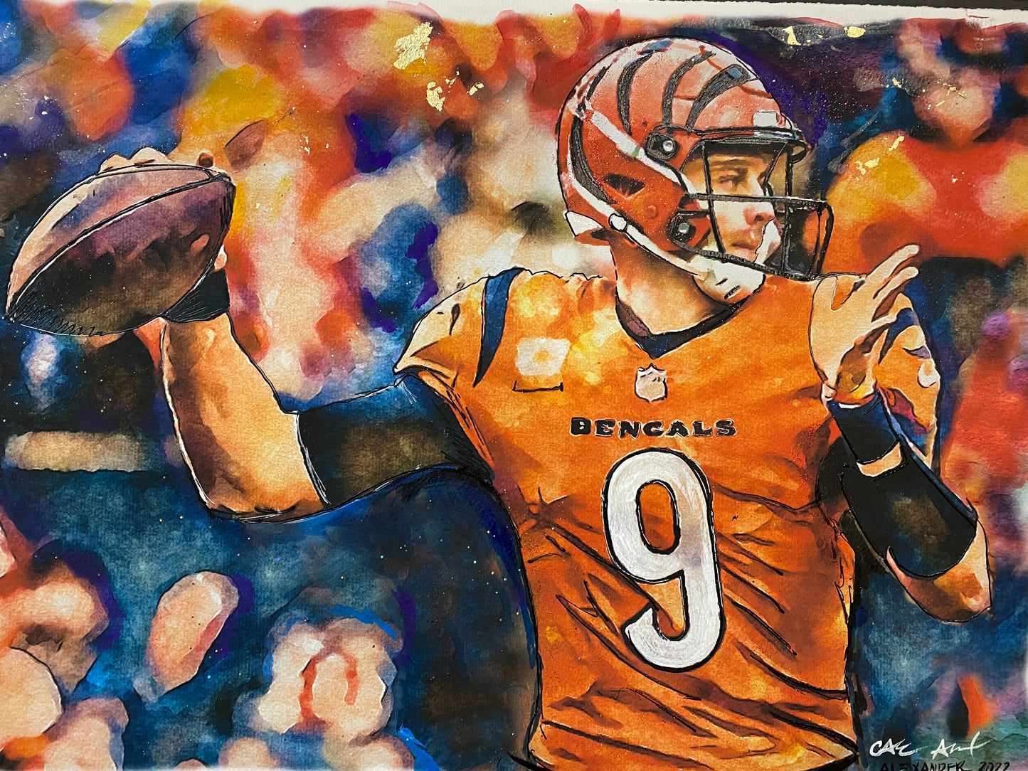 Joe Burrow, Art, Watercolor, Candice Alexander, Alexander Art Studio, Louisiana, SWLA, Baton Rouge, LSU, Quarterback, #9, Heisman Trophy Winner, Bengals, NFL, Football, College, Joe Jackpot, Tiger King, Joe Cool, Cincinnati, American Football Quarterback, 2020 College National Championship, Sports Illustrated, Mr. Football Award, Maxwell Award, Walter Camp Award, Johnny Unitas Golden Arm Award, Davey O'Brien Award, Lombardi Award, Manning Award, Peach Bowl, CFP National Champion, LED the NCAA, NCAA