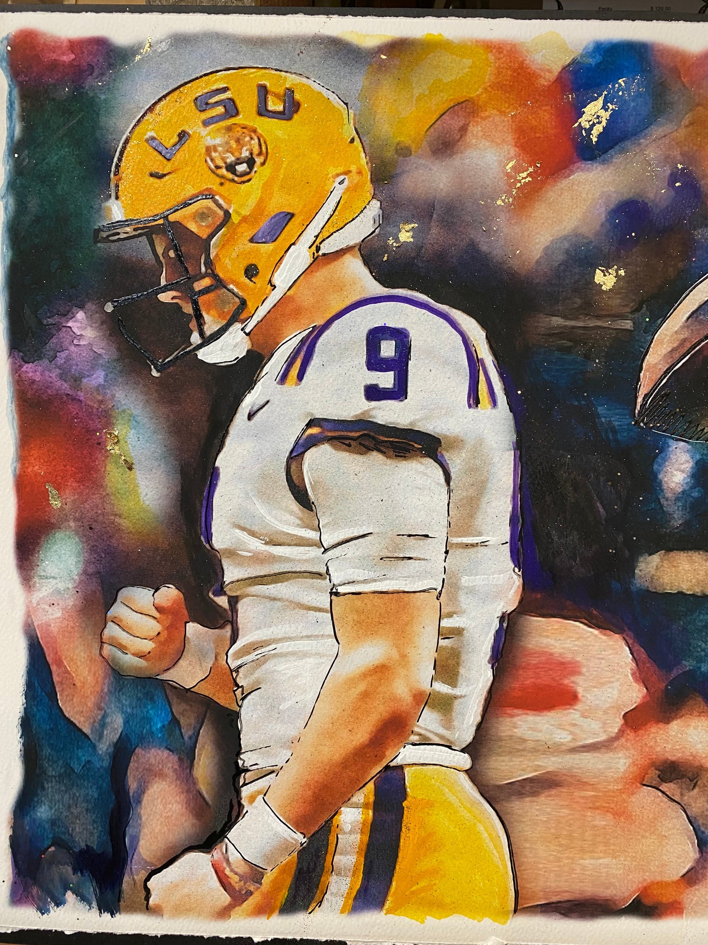 Joe Burrow, Art, Watercolor, Candice Alexander, Alexander Art Studio, Louisiana, SWLA, Baton Rouge, LSU, Quarterback, #9, Heisman Trophy Winner, Bengals, NFL, Football, College, Joe Jackpot, Tiger King, Joe Cool, Cincinnati, American Football Quarterback, 2020 College National Championship, Sports Illustrated, Mr. Football Award, Maxwell Award, Walter Camp Award, Johnny Unitas Golden Arm Award, Davey O'Brien Award, Lombardi Award, Manning Award, Peach Bowl, CFP National Champion, LED the NCAA, NCAA