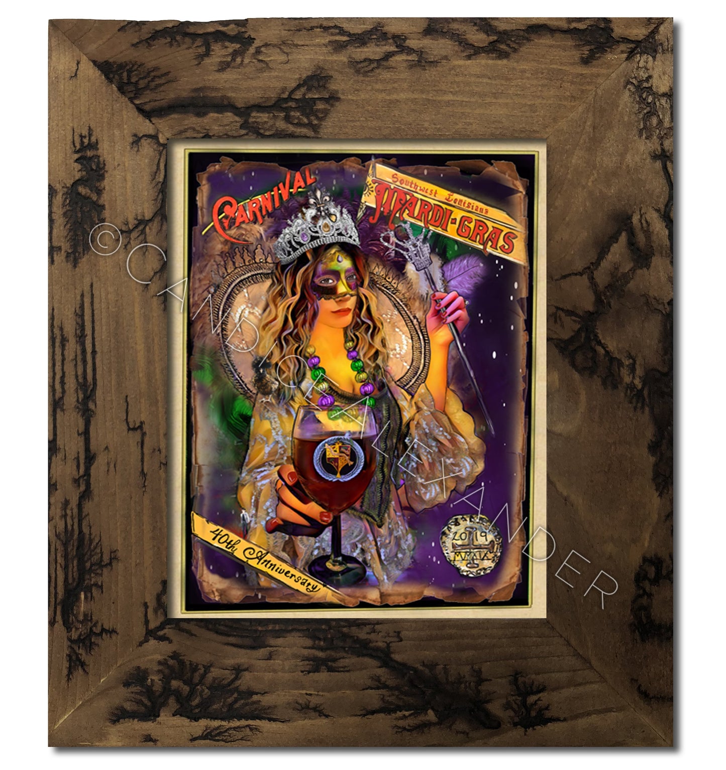 Official 2019 SWLA Mardi Gras poster designed by Candice Alexander, Fleur De Lis Artist- Framed in Electrocuted frame