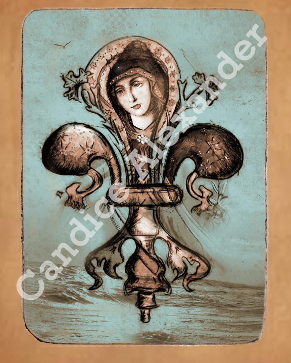 Mary of the Seas Antique Sepia Fleur de Lis design by Candice Alexander, Fleur De Lis Artist Fleur De Lis art by Candice Alexander, Louisiana Artist