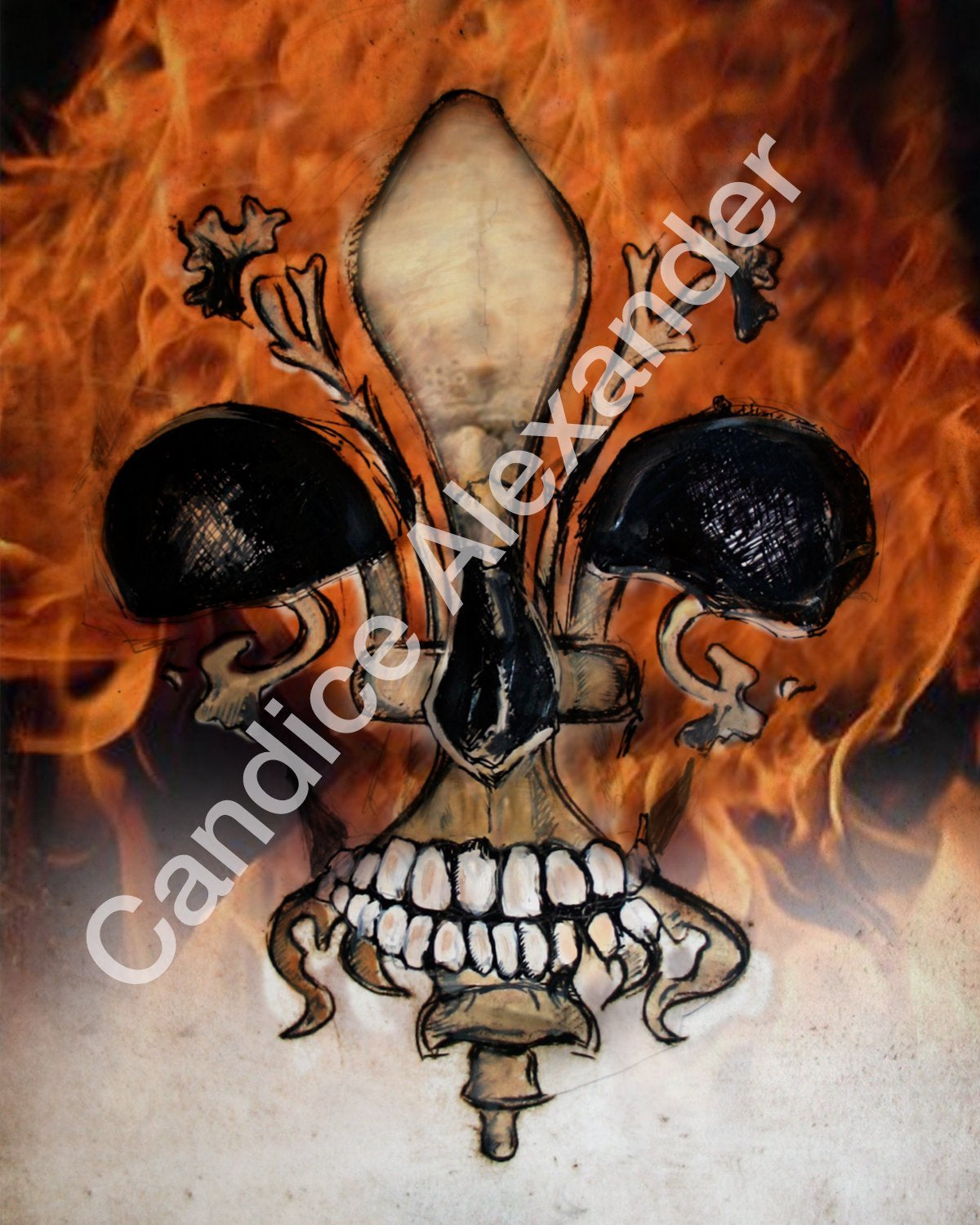 Skull with Flames Fleur De Lis art by Candice Alexander, Louisiana Artist Fleur De Lis Art by Candice Alexander Fleur de Lis Artist