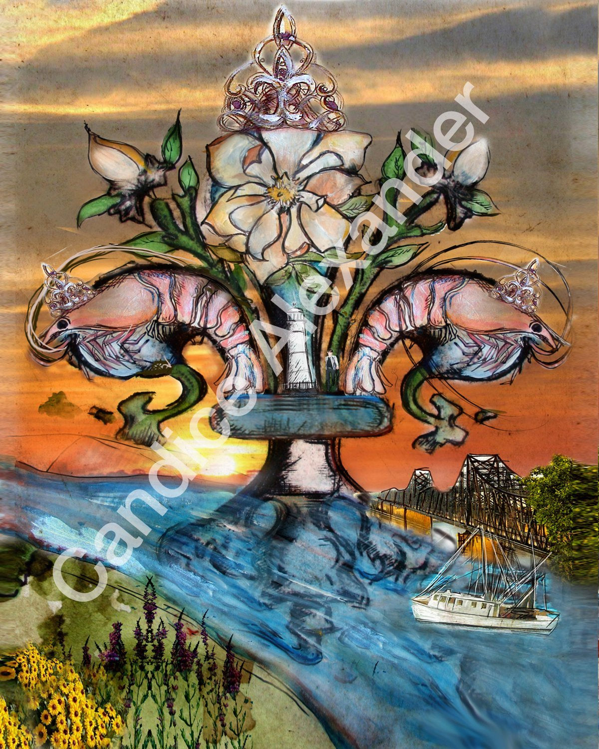 Southern Sunset Queen Fleur De Lis art by Candice Alexander, Louisiana Artist Fleur De Lis Art by Candice Alexander Fleur de Lis Artist