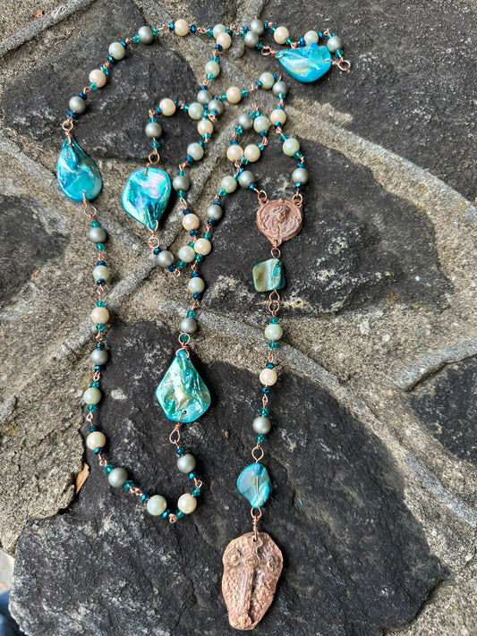 Blue Oyster Shell, Glass Pearls and Crystal with Kiln Fired Copper Handmade Rosary