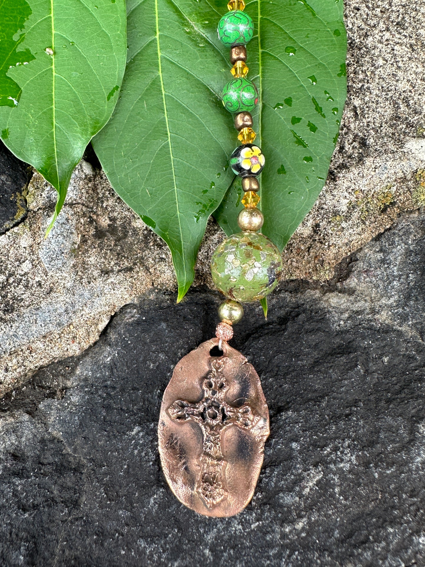 (Green) Dried Flower and Semi-precious Stones with Kiln Fired Copper Handmade Rosary