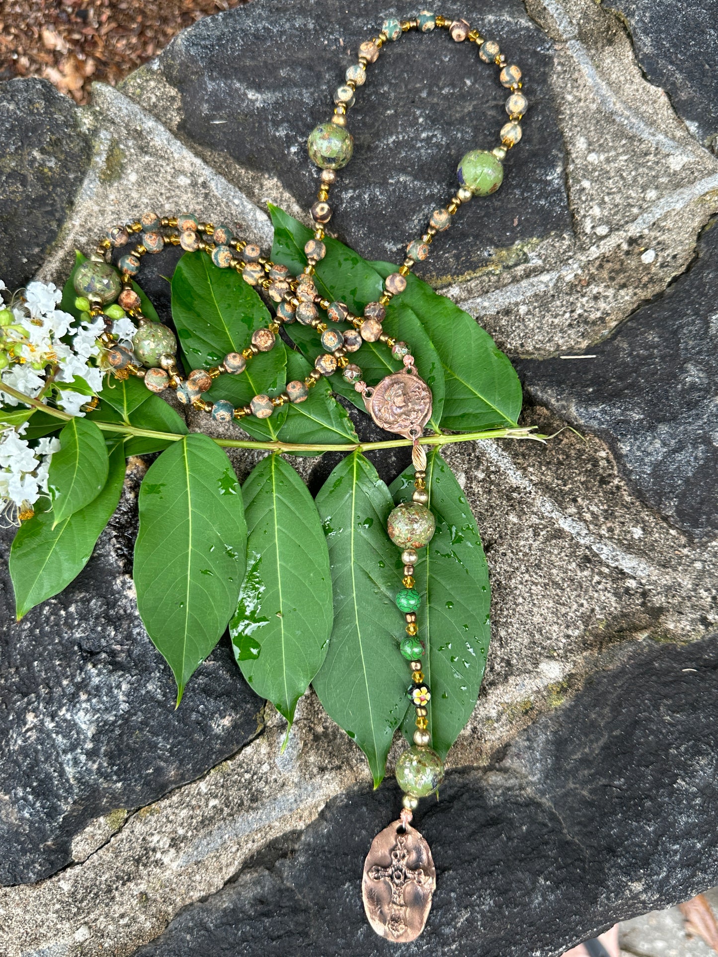 (Green) Dried Flower and Semi-precious Stones with Kiln Fired Copper Handmade Rosary