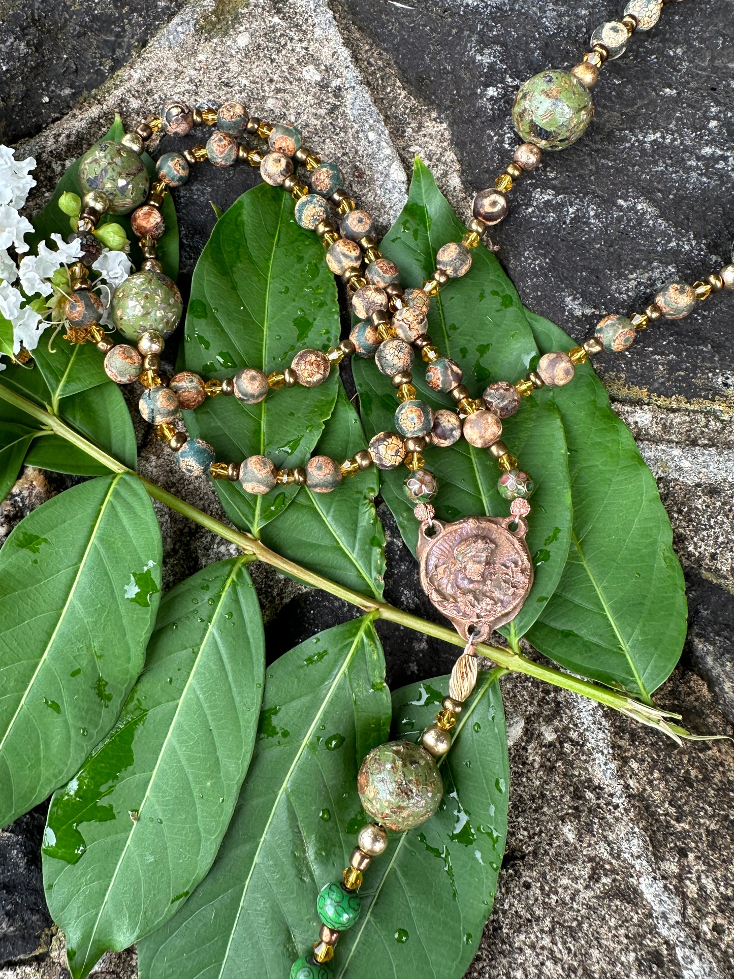 (Green) Dried Flower and Semi-precious Stones with Kiln Fired Copper Handmade Rosary