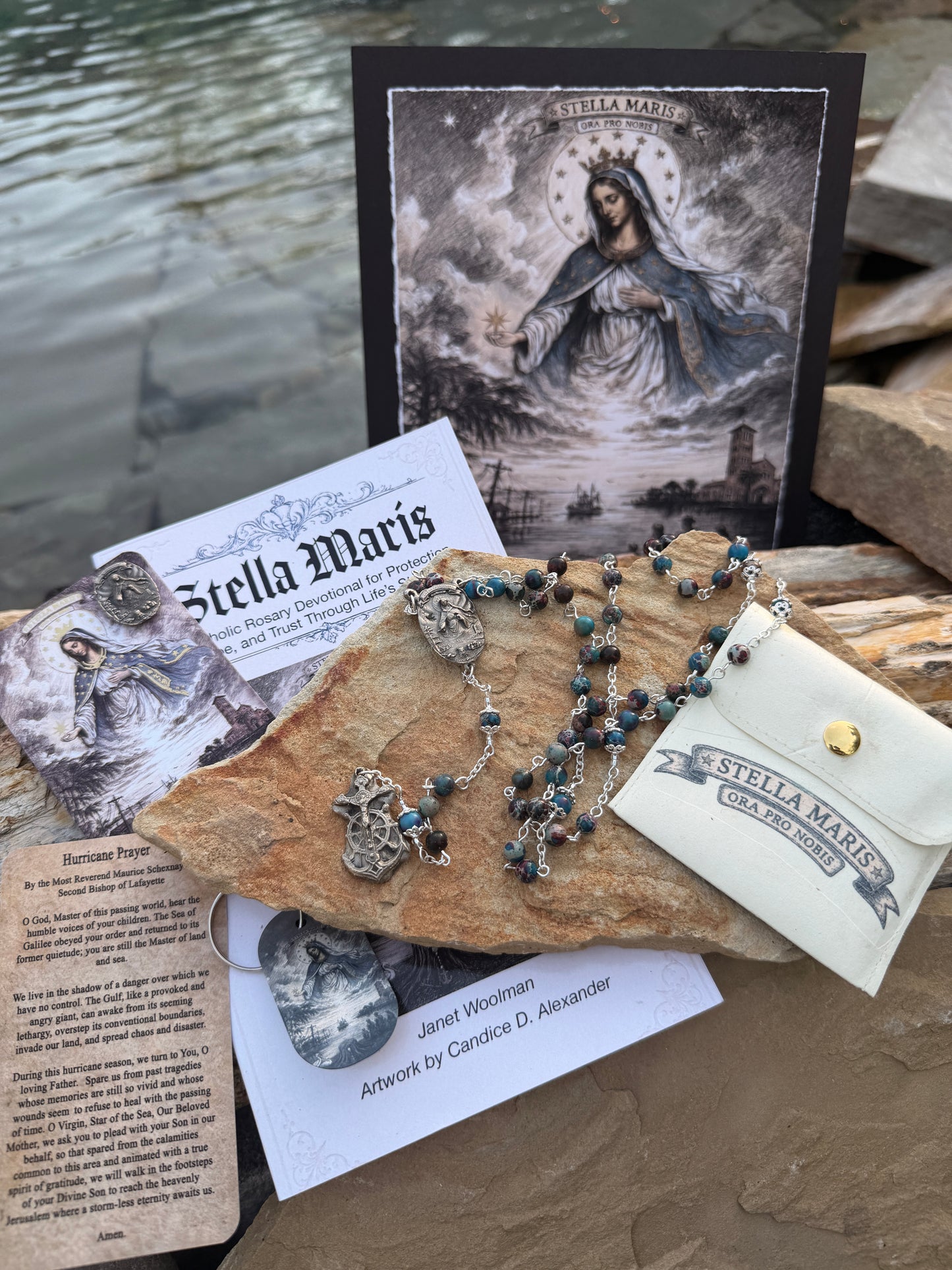 Stella Maris, Star of the Sea Hurricane Prayer Card with Medal or Pendant or Anchor Cross