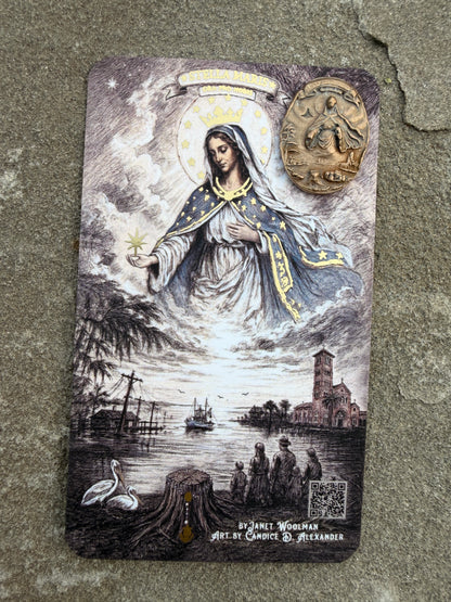 Stella Maris, Star of the Sea Hurricane Prayer Card with Medal or Pendant or Anchor Cross