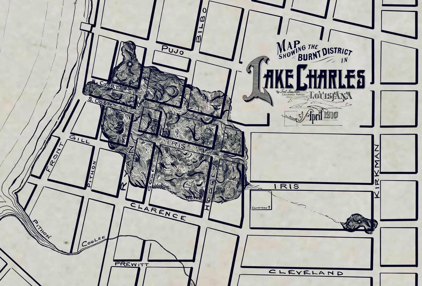 1910 Lake Charles Burn Map by Trent Gremillion