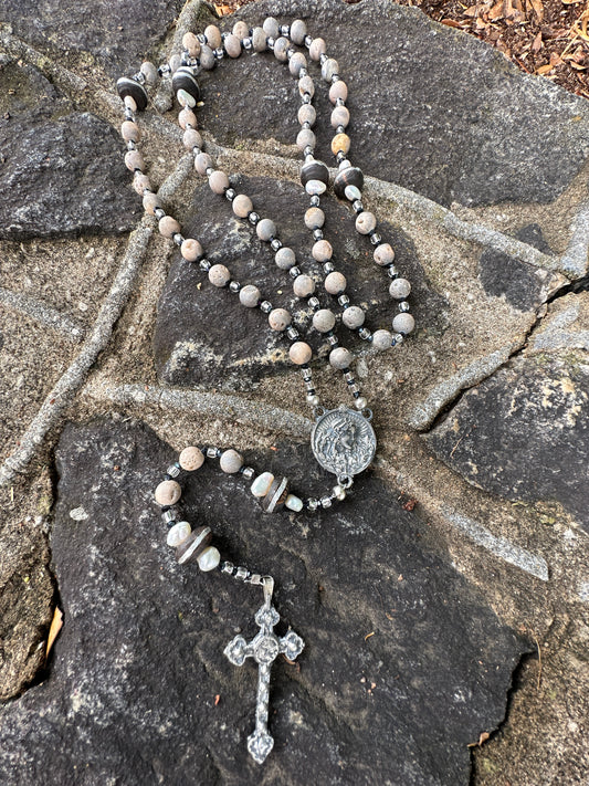 Drusy Agate, Pearl, and African Wood with  Kiln Fired Aged Pewter Handmade Rosary