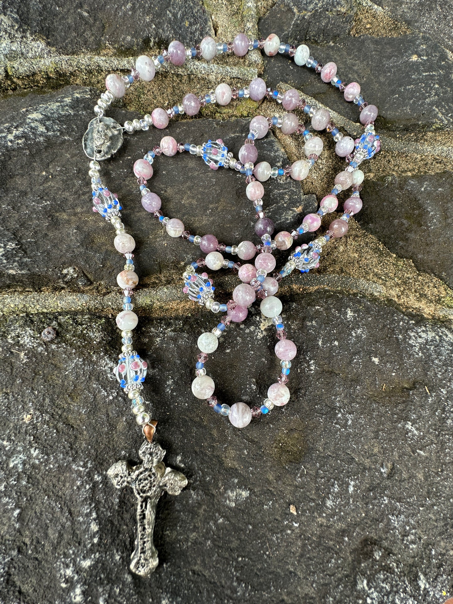 Lavender Quartz, Artful Glass and Kiln Fired White Copper Handmade Rosary