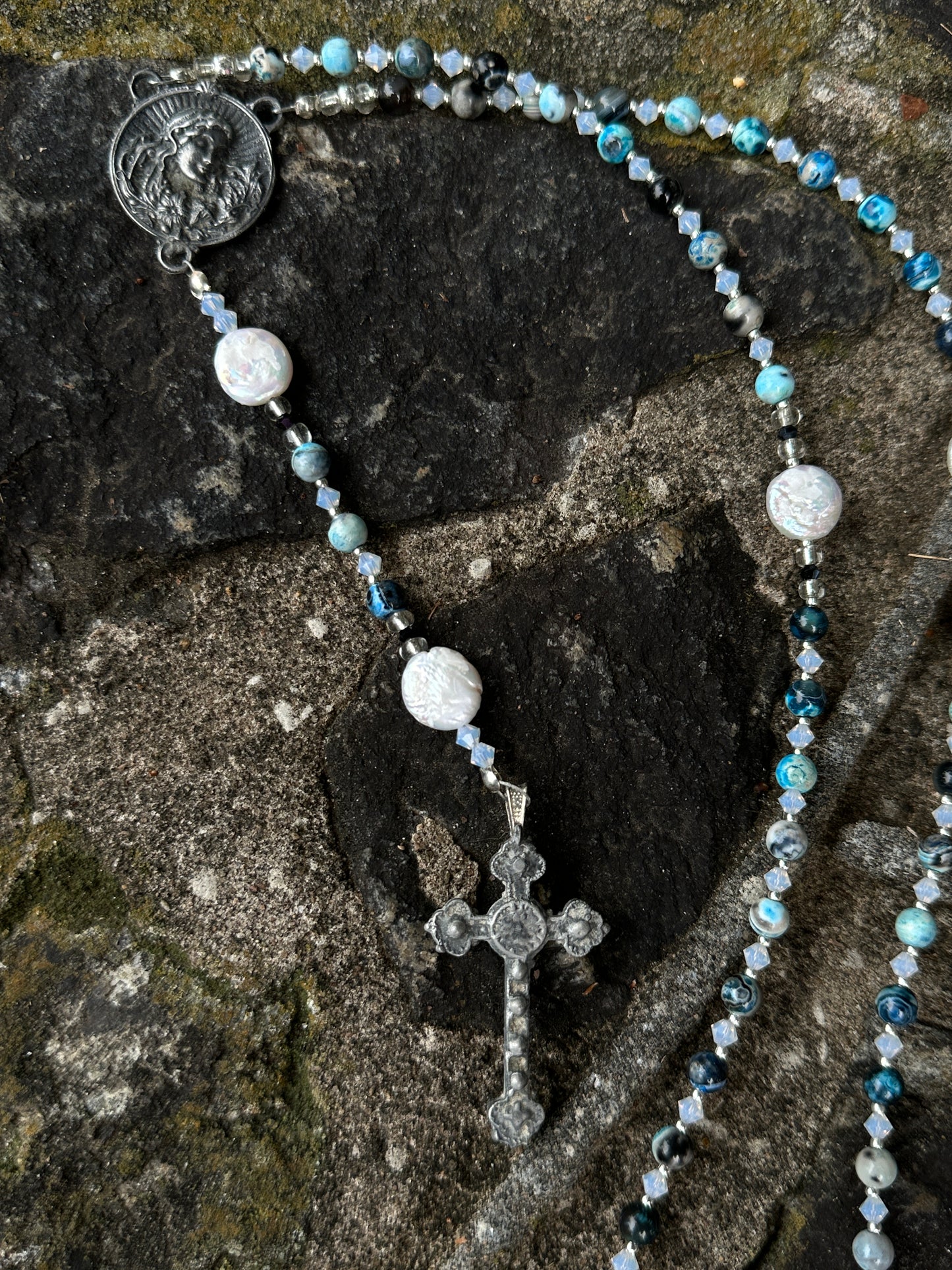 Blue Sodalite and Kiln Fired Aged Pewter Handmade Rosary