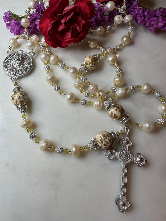 (Yellow Rose) Dried Flower and Semi-precious Stones with Kiln Fired Copper Handmade Rosary (Copy)