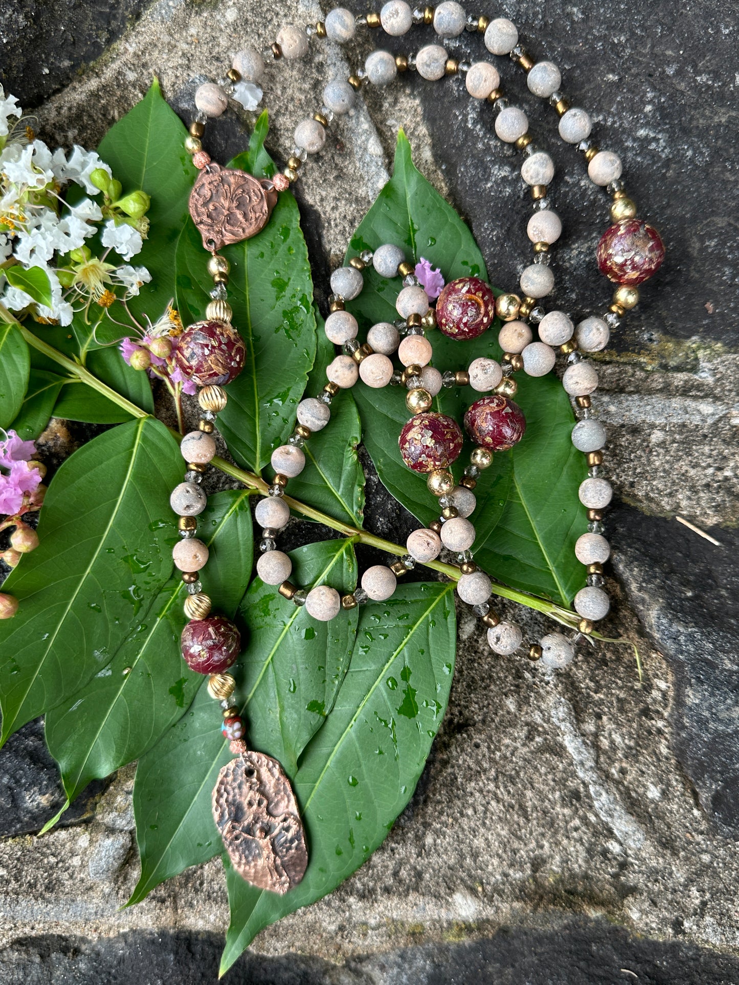 (Claret) Dried Flower and Semi-precious Stones with Kiln Fired Copper Handmade Rosary