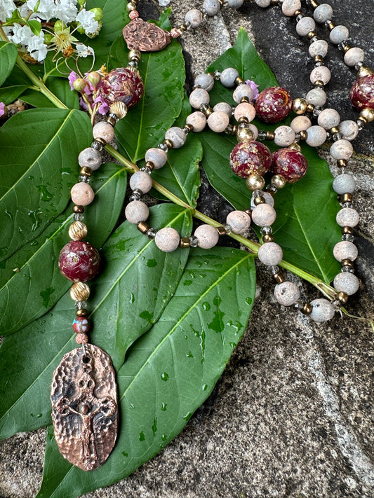 (Claret) Dried Flower and Semi-precious Stones with Kiln Fired Copper Handmade Rosary