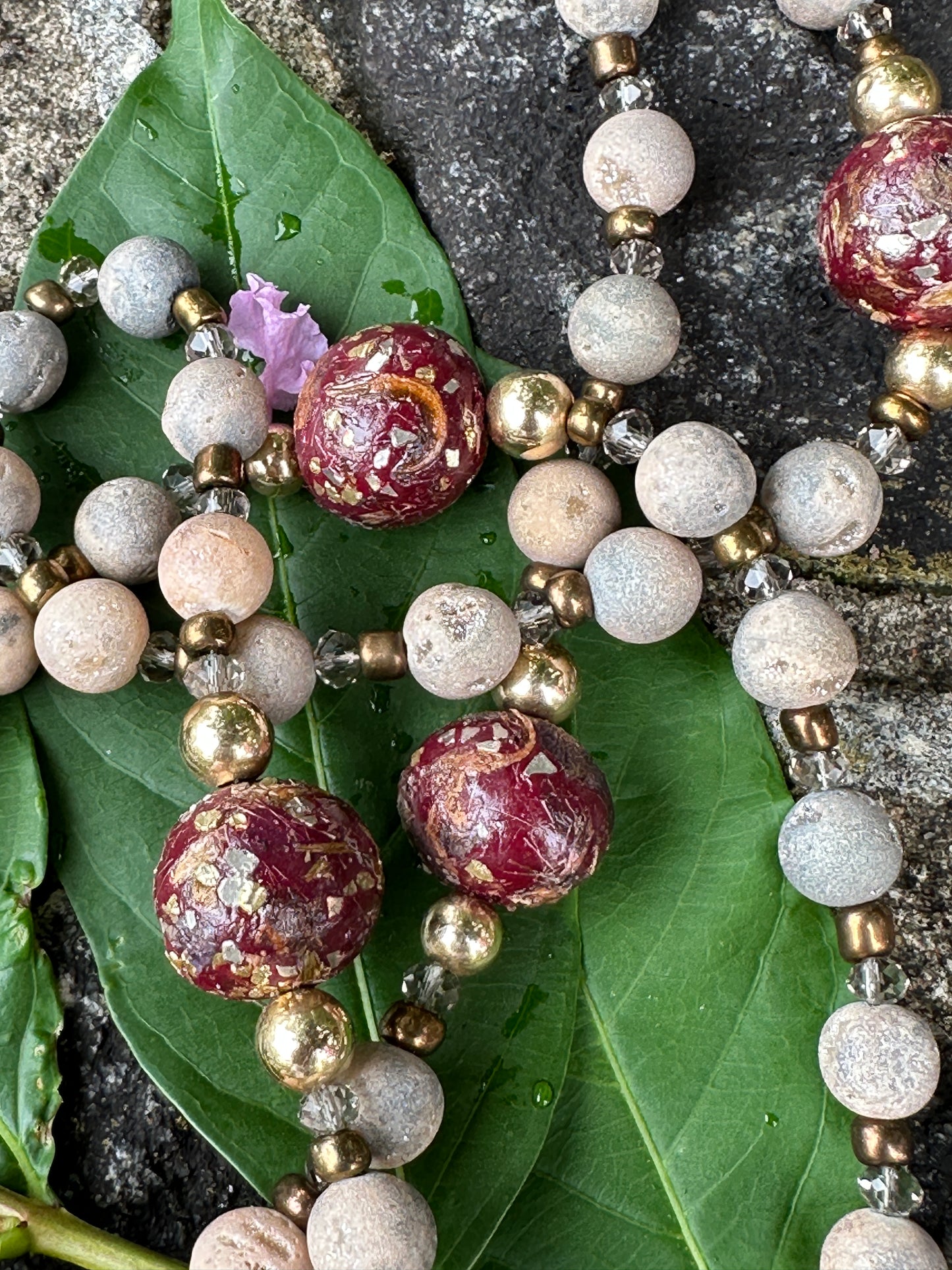 (Claret) Dried Flower and Semi-precious Stones with Kiln Fired Copper Handmade Rosary