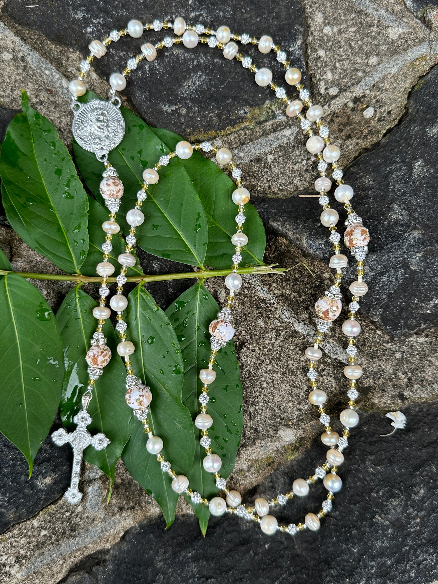 (Yellow Rose) Dried Flower and Semi-precious Stones with Kiln Fired Copper Handmade Rosary (Copy)