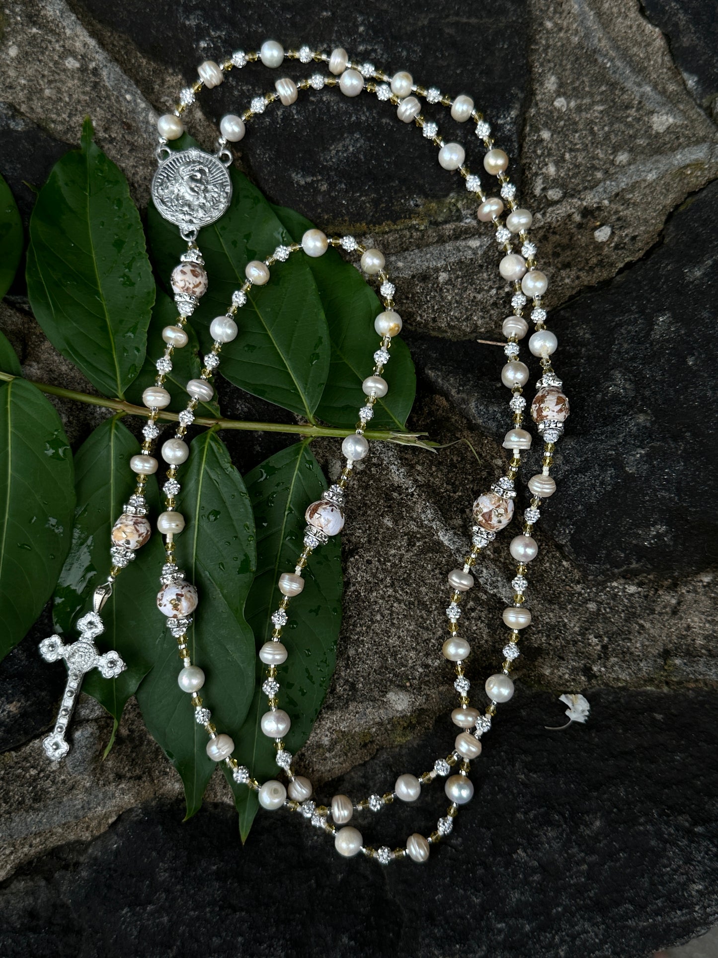 (Yellow Rose) Dried Flower and Semi-precious Stones with Kiln Fired Copper Handmade Rosary (Copy)