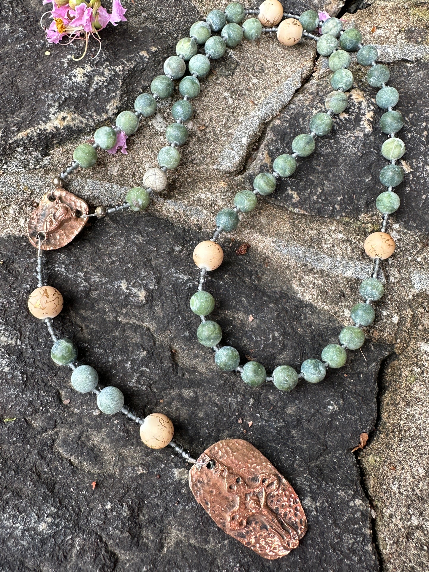 Green Agate and Kiln Fired Copper Handmade Rosary