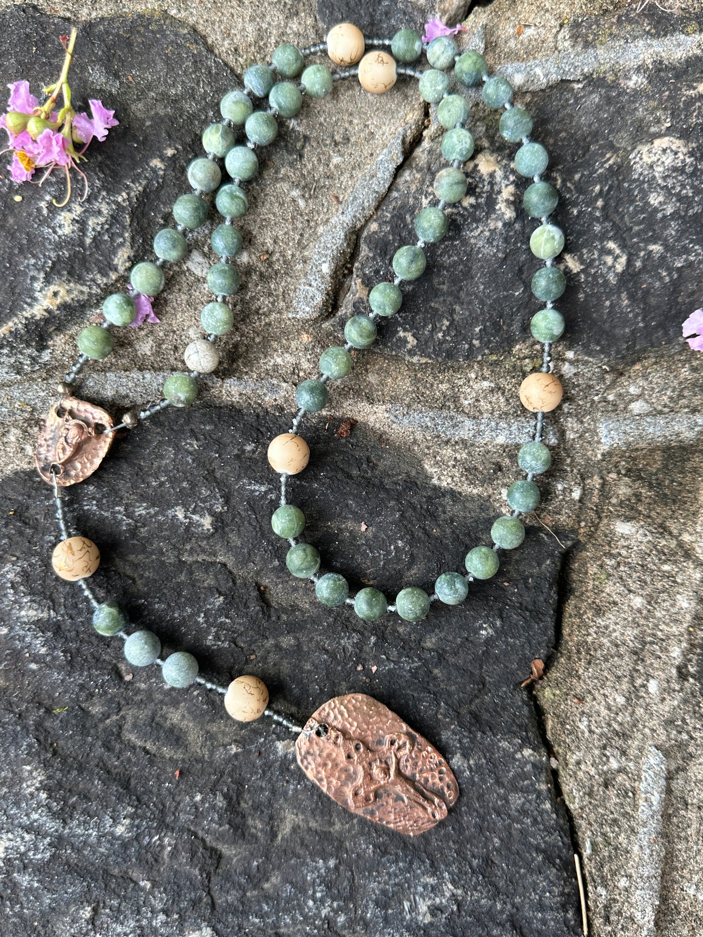 Green Agate and Kiln Fired Copper Handmade Rosary