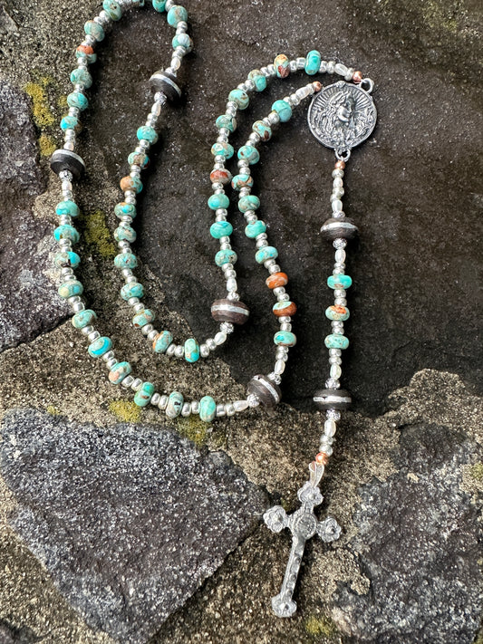 Turquoise, African Wood / Inlaid Pewter, and Kiln Fired Pewter Handmade Rosary