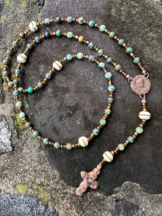 Green Turquoise, Inlaid Copper Bead, and Kiln Fired Copper Handmade Rosary