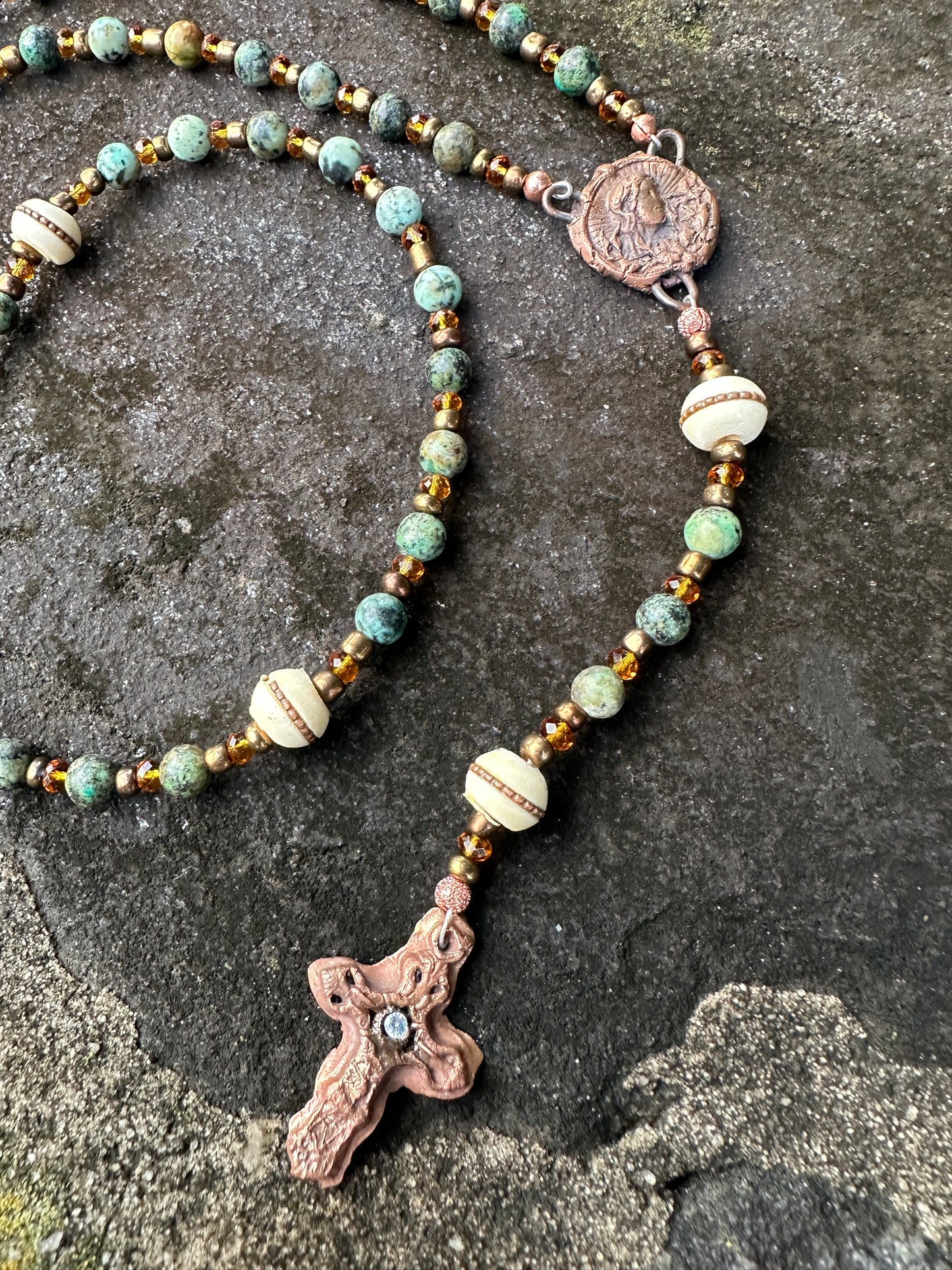 Green Turquoise, Inlaid Copper Bead, and Kiln Fired Copper Handmade Rosary