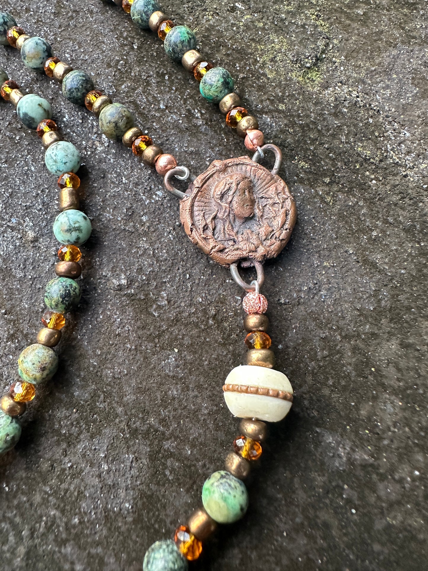 Green Turquoise, Inlaid Copper Bead, and Kiln Fired Copper Handmade Rosary