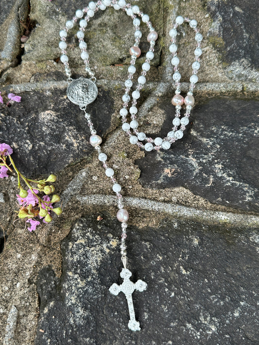 White Howlite,  Freshwater Pearl, and Kiln Fired Pewter Handmade Rosary