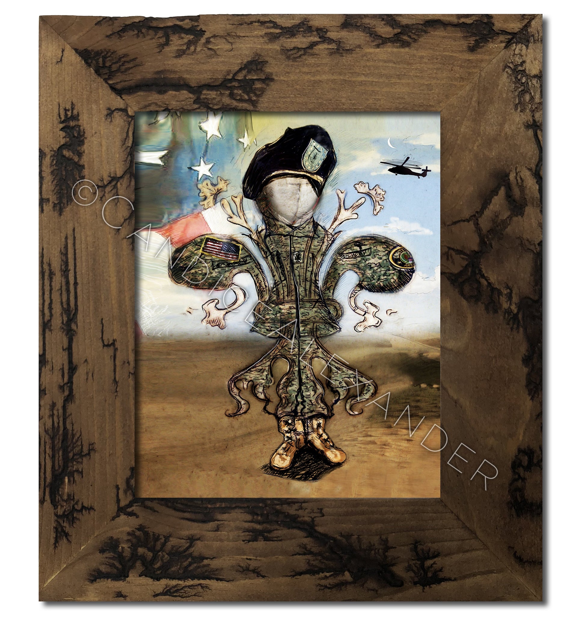 Army Fleur De Lis design, Designed by Candice Alexander the Fleur De Lis Artist Framed in an Electrocuted Frame